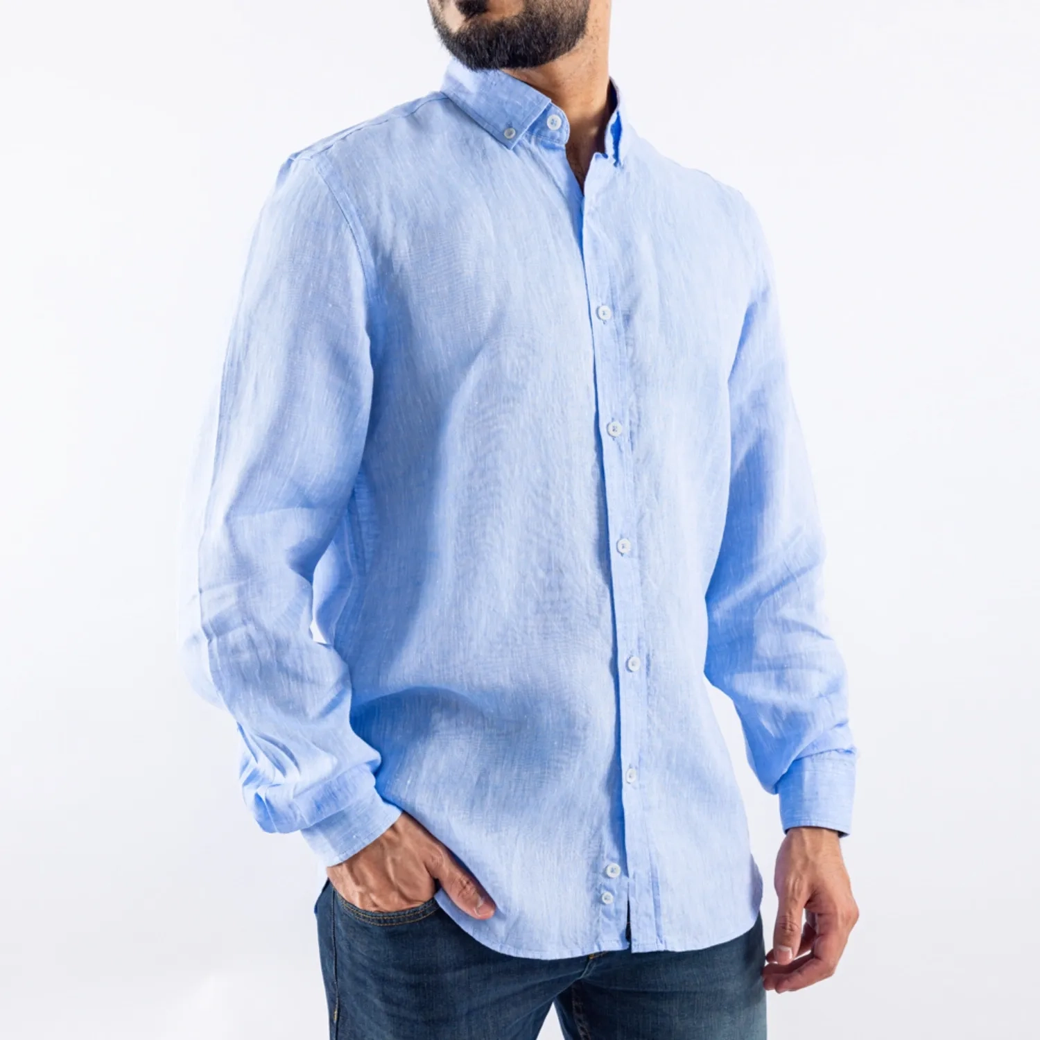 Men's Long Sleeve Shirt - Linen Modern Fit - Light Blue
