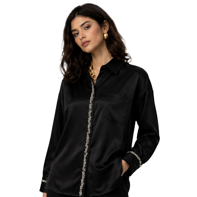 Luxurious Women&rsquo;s Shirt With Decorative Beadwork On Center And Wrists For Formal And Elegant Everyday Looks