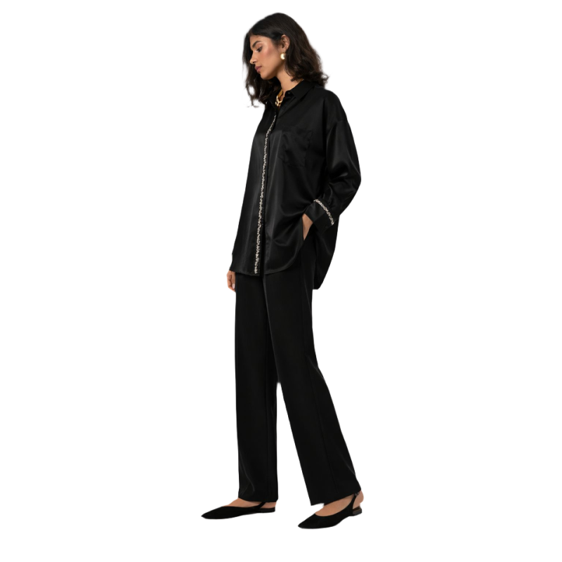 Luxurious Women&rsquo;s Shirt With Decorative Beadwork On Center And Wrists For Formal And Elegant Everyday Looks