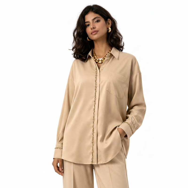 Luxurious Women&rsquo;s Shirt With Decorative Beadwork On Center And Wrists For Formal And Elegant Everyday Looks