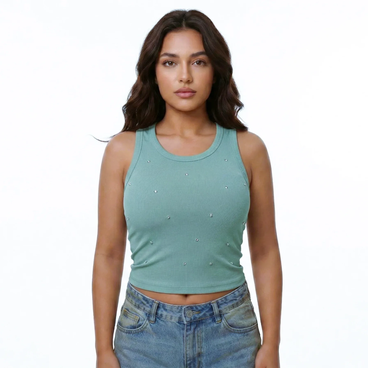 Women&rsquo;s Cotton Tank Top - Sleeveless Shirt with Crystal Details - Soft and Stylish Casual Wear