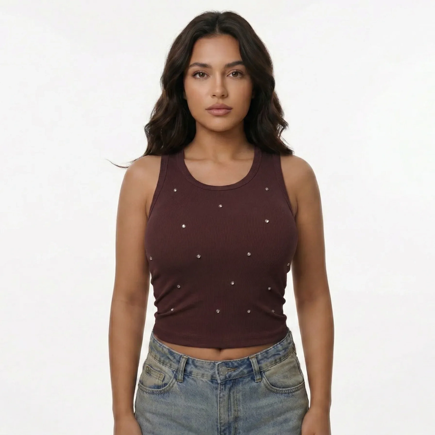 بلوزة قطنية نسائية بدون أكمام - قميص بدون أكمام بتفاصيل كريستالية - ملابس كاجوال ناعمة وأنيقة