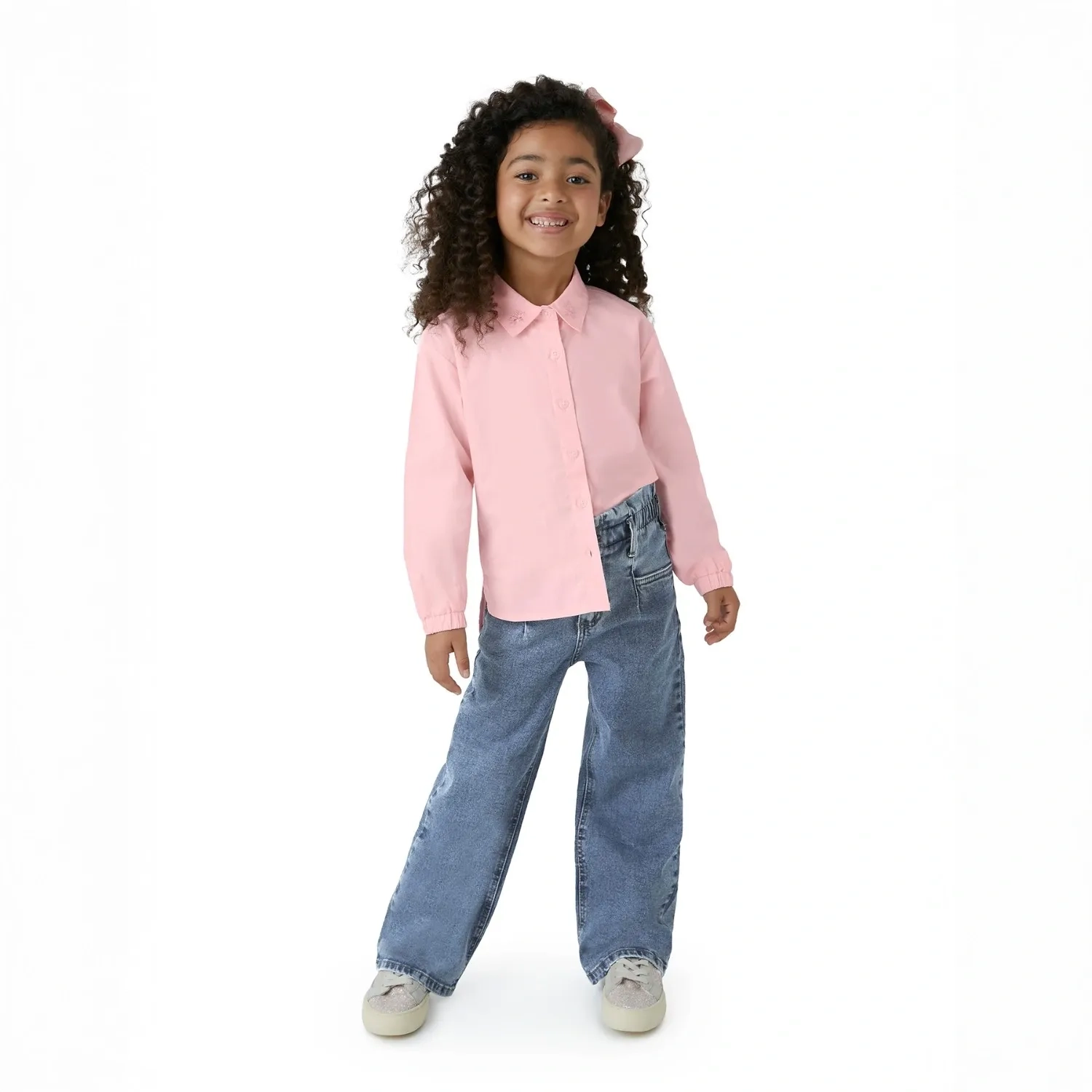 Girls' Long Sleeve Tricoline Shirt &ndash; Embroidered Collar &amp; Mullet Hem - Baby Pink