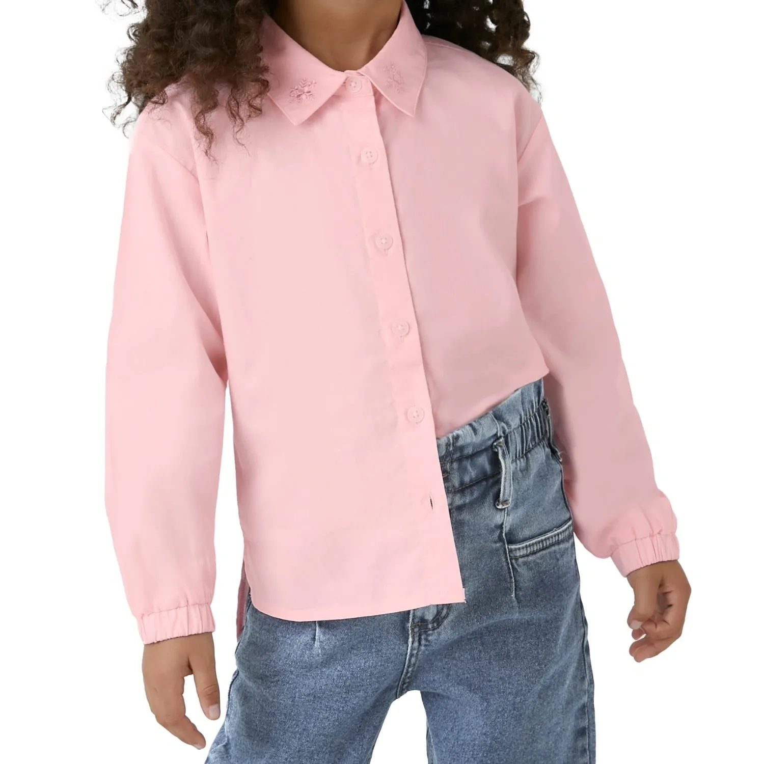 Girls' Long Sleeve Tricoline Shirt &ndash; Embroidered Collar &amp; Mullet Hem - Baby Pink