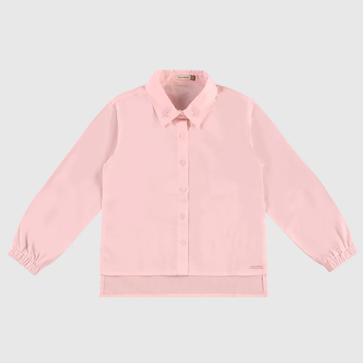Girls' Long Sleeve Tricoline Shirt &ndash; Embroidered Collar &amp; Mullet Hem - Baby Pink