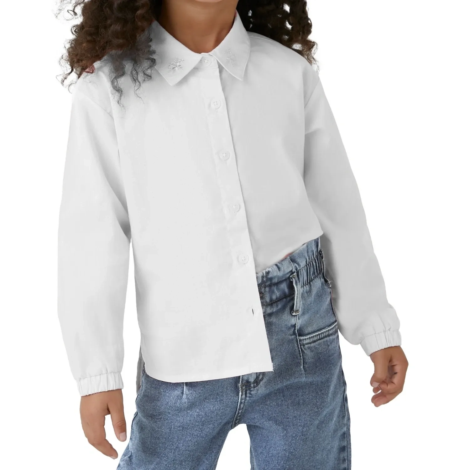 Girls' Long Sleeve Tricoline Shirt &ndash; Embroidered Collar &amp; Mullet Hem - White
