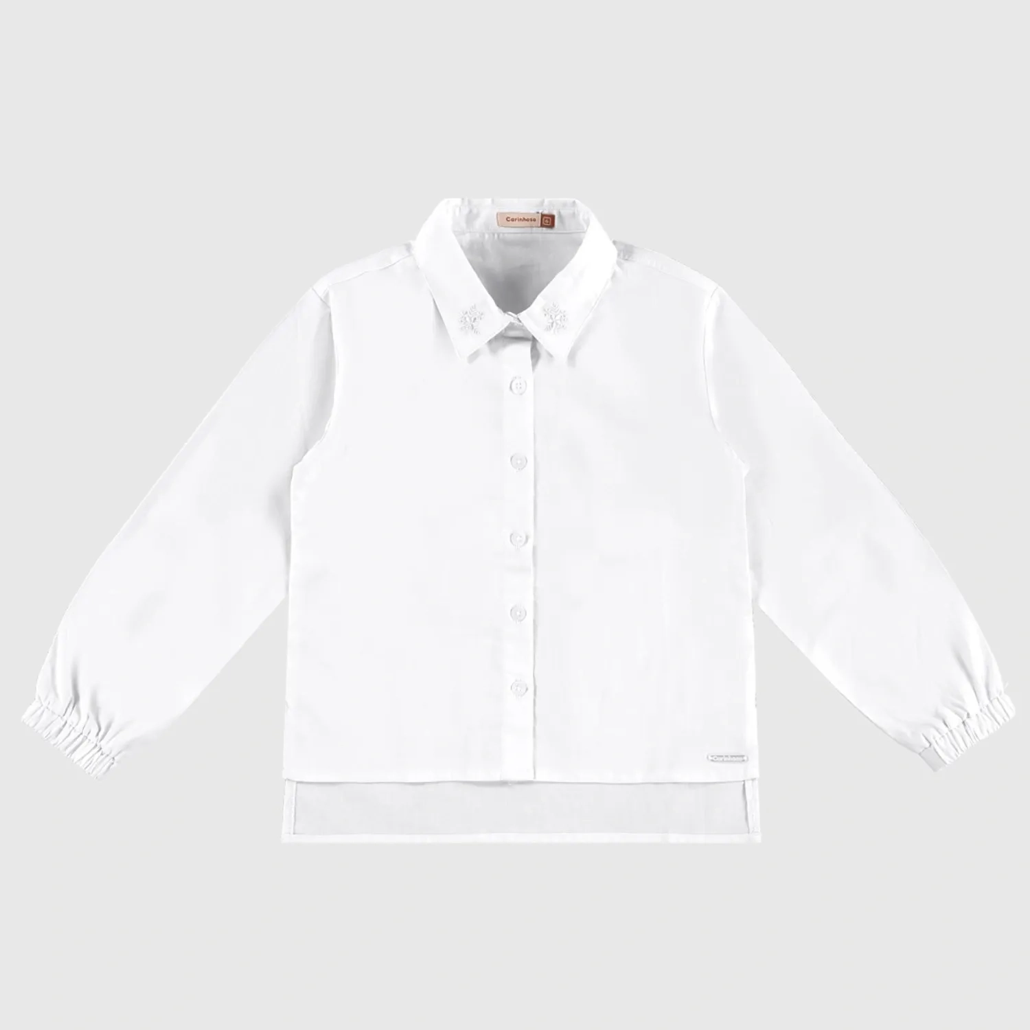 Girls' Long Sleeve Tricoline Shirt &ndash; Embroidered Collar &amp; Mullet Hem - White
