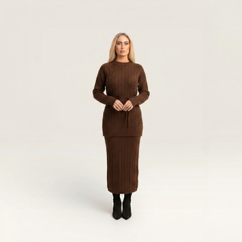 The Sienna Cable Set - Belted Knit Top &amp; Midi Skirt - Brown