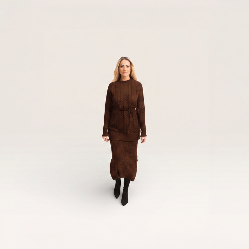 The Sienna Cable Set - Belted Knit Top &amp; Midi Skirt - Brown