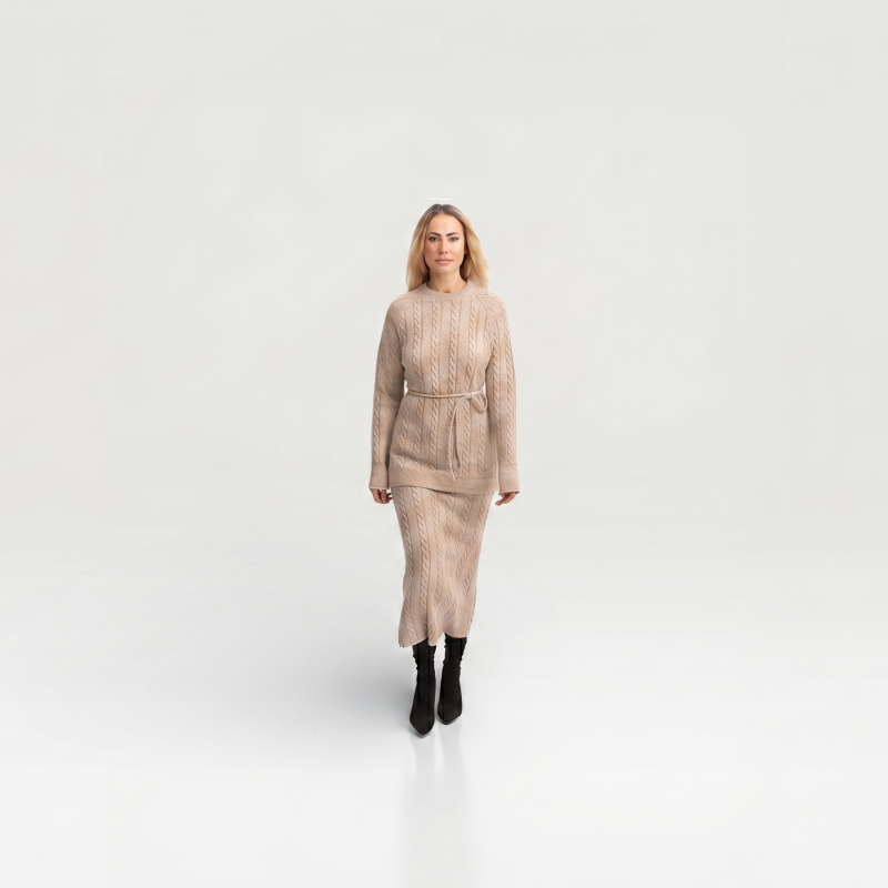 The Sienna Cable Set - Belted Knit Top &amp; Midi Skirt - Creme