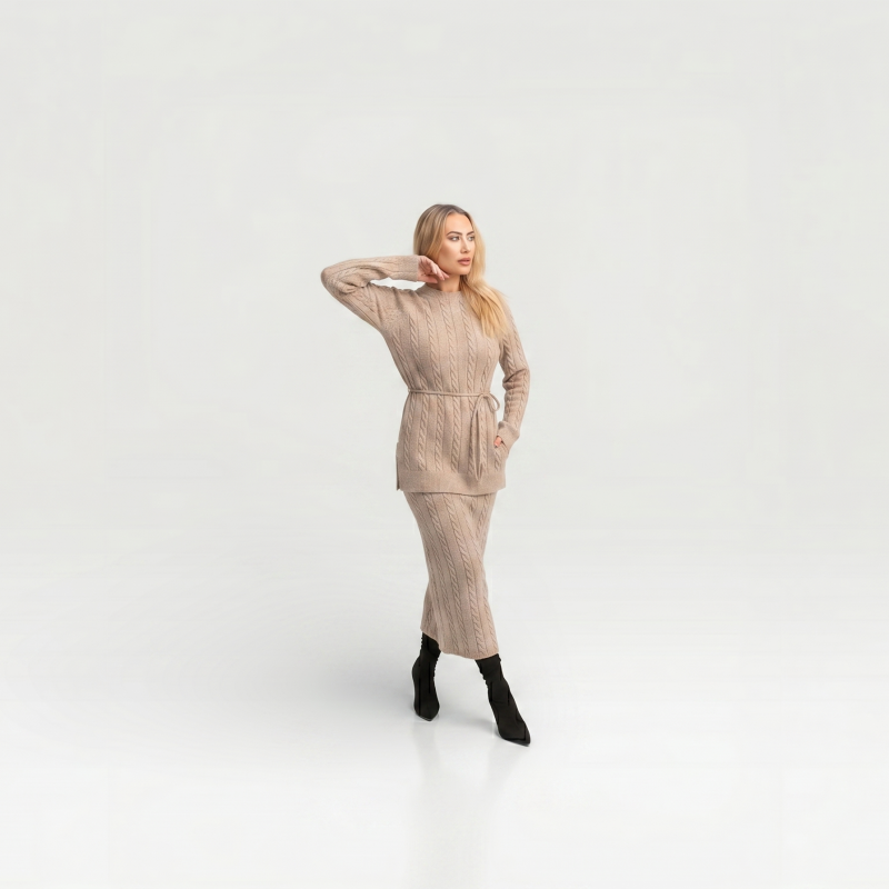 The Sienna Cable Set - Belted Knit Top &amp; Midi Skirt - Creme