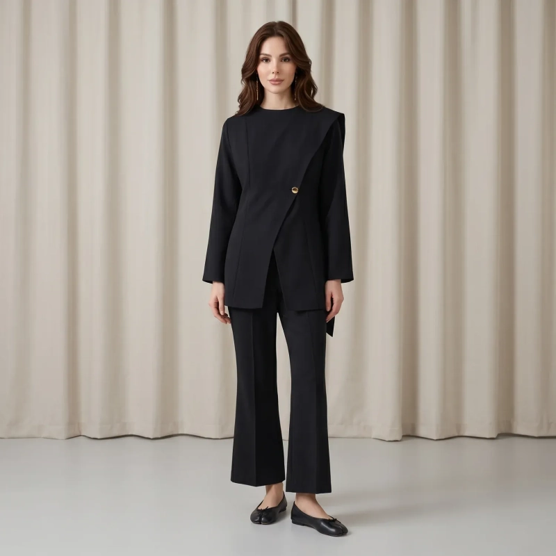 Women's Asymmetric Tailored Pants Suit - Elegant Formal &amp; Evening Wear - Black