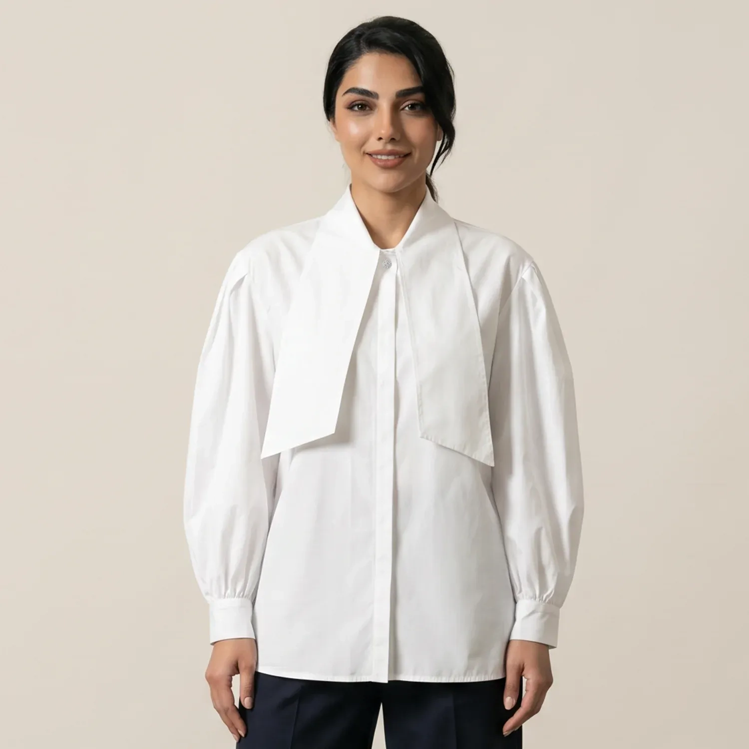 Women's Regular Bow Blouse With Fabric Tie - Sophisticated Office &amp; Semi-Formal Workwear - White