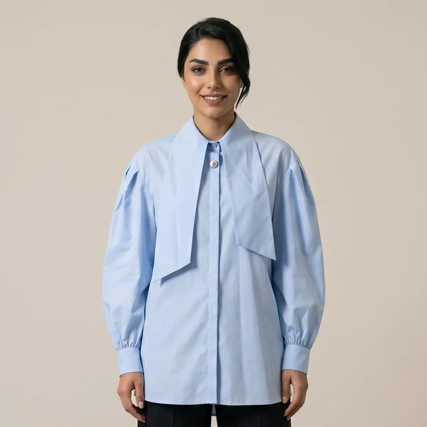 Women's Regular Bow Blouse With Fabric Tie - Sophisticated Office &amp; Semi-Formal Workwear - Light Blue
