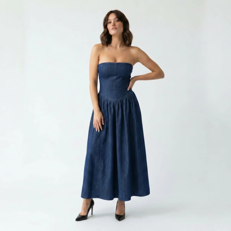Women's Premium Strapless Structured Denim Midi Dress &mdash; Daytime Socials, Urban Escapes &amp; Weekend Luxury  - Dark Blue Denim