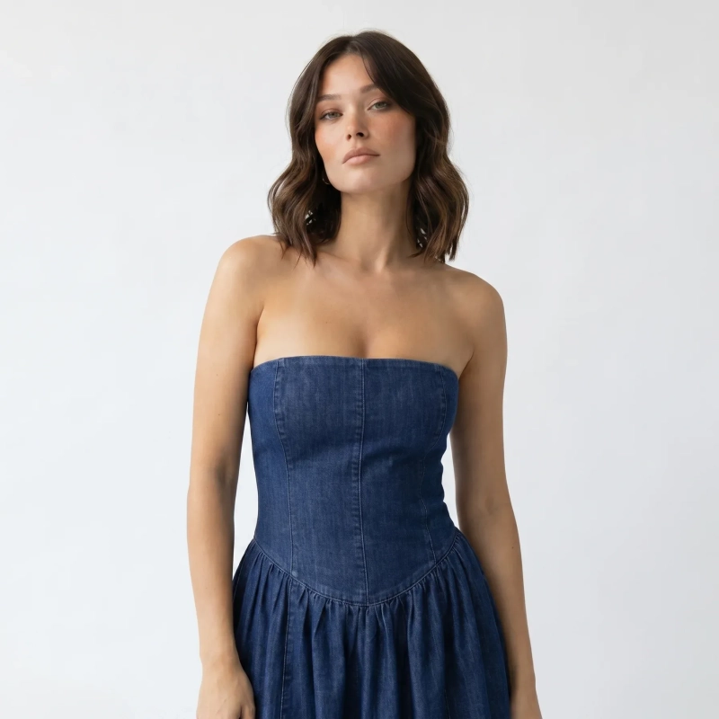 Women's Premium Strapless Structured Denim Midi Dress &mdash; Daytime Socials, Urban Escapes &amp; Weekend Luxury  - Dark Blue Denim