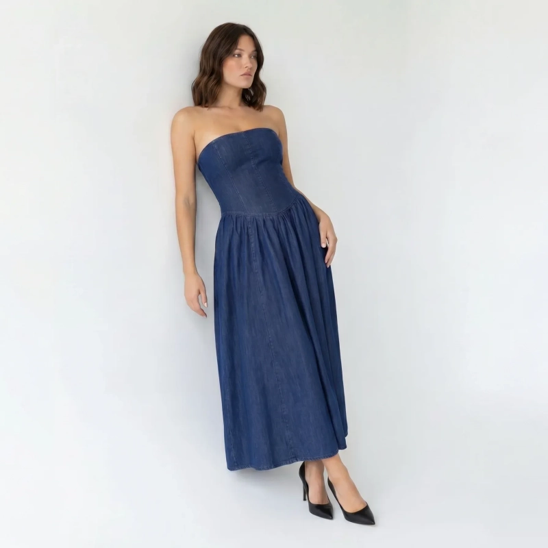 Women's Premium Strapless Structured Denim Midi Dress &mdash; Daytime Socials, Urban Escapes &amp; Weekend Luxury  - Dark Blue Denim