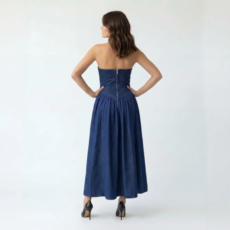 Women's Premium Strapless Structured Denim Midi Dress &mdash; Daytime Socials, Urban Escapes &amp; Weekend Luxury  - Dark Blue Denim