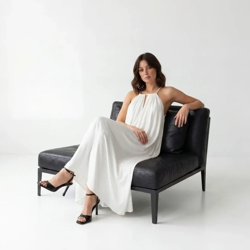 Women's Premium Sleeveless Gathered Maxi Dress Evening Gown &mdash; Coastal Galas, Luxury Resort Wear &amp; Sunset Soir&eacute;es  - White