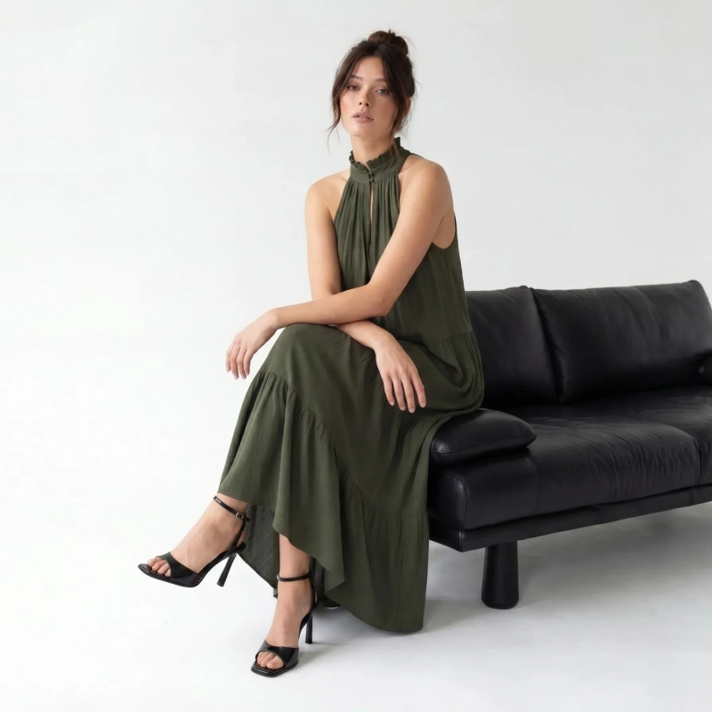 Women's Premium Sleeveless Tiered Maxi Dress Evening Gown &mdash; Coastal Galas, Luxury Resort Wear &amp; Sunset Soir&eacute;es  - Olive Green