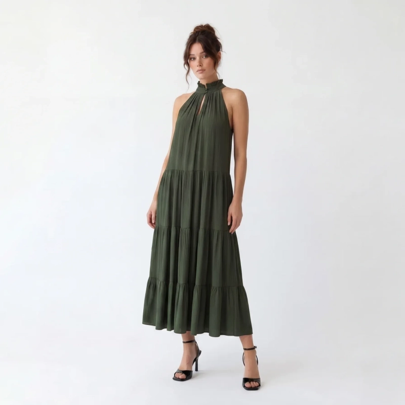 Women's Premium Sleeveless Tiered Maxi Dress Evening Gown &mdash; Coastal Galas, Luxury Resort Wear &amp; Sunset Soir&eacute;es  - Olive Green