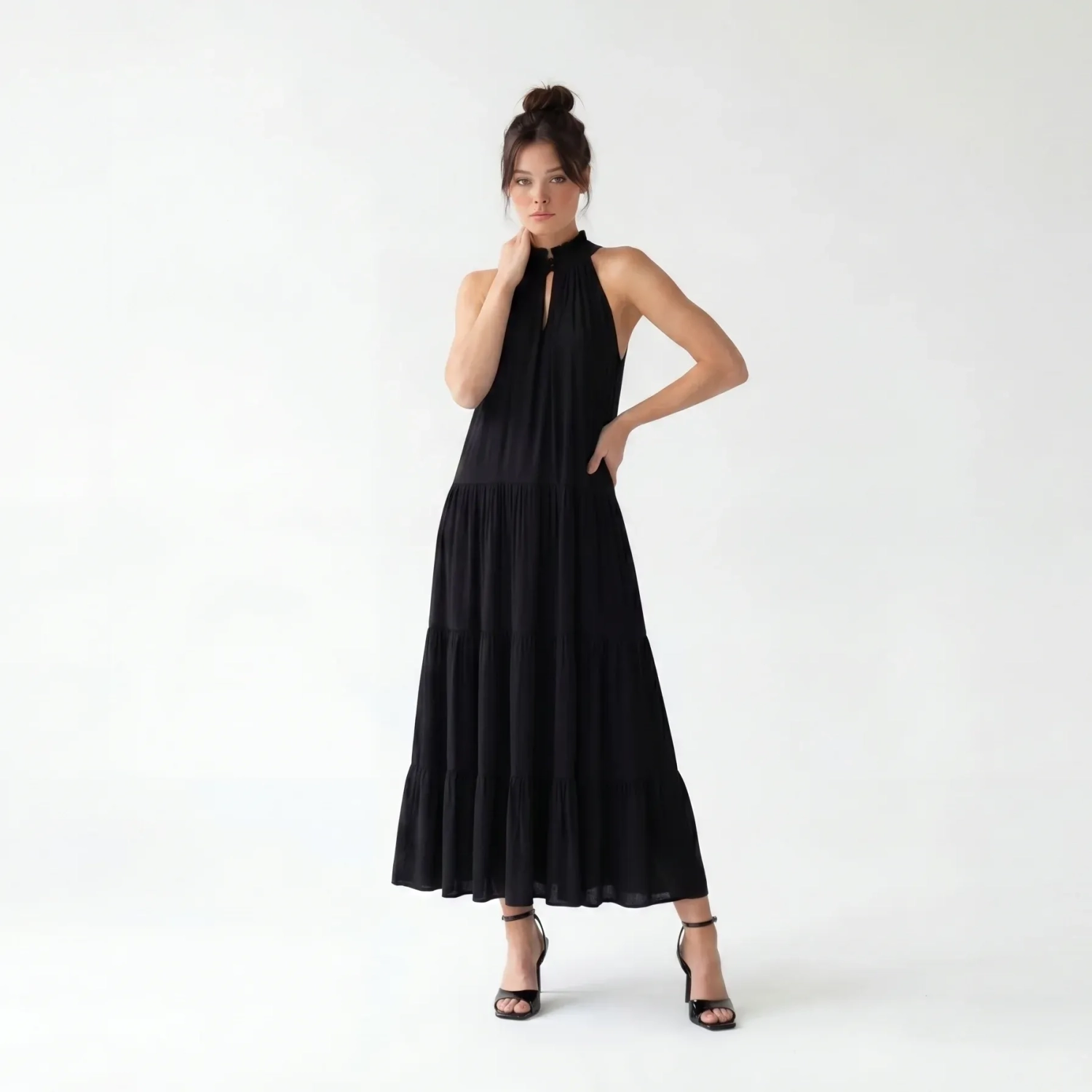Women's Premium Sleeveless Tiered Maxi Dress Evening Gown &mdash; Coastal Galas, Luxury Resort Wear &amp; Sunset Soir&eacute;es  - Black
