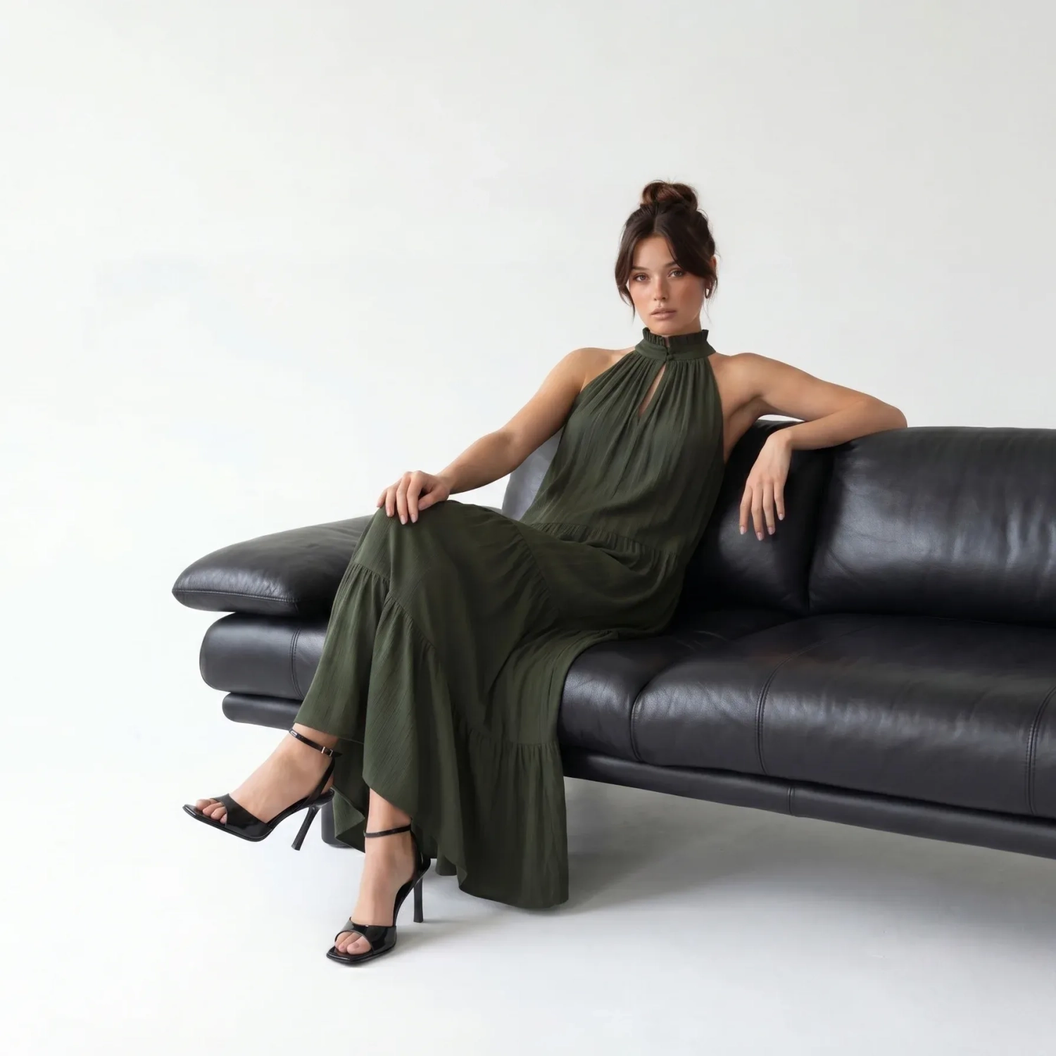 Women's Premium Sleeveless Tiered Maxi Dress Evening Gown &mdash; Coastal Galas, Luxury Resort Wear &amp; Sunset Soir&eacute;es  - Olive Green