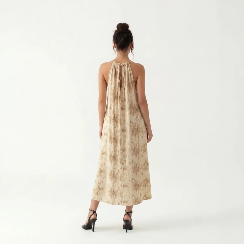 Women's Premium Evening Patterned Halter - Neck Sleeveless Maxi Dress &mdash; Coastal Galas, Luxury Resort Wear &amp; Sunset Soir&eacute;es  - Beige