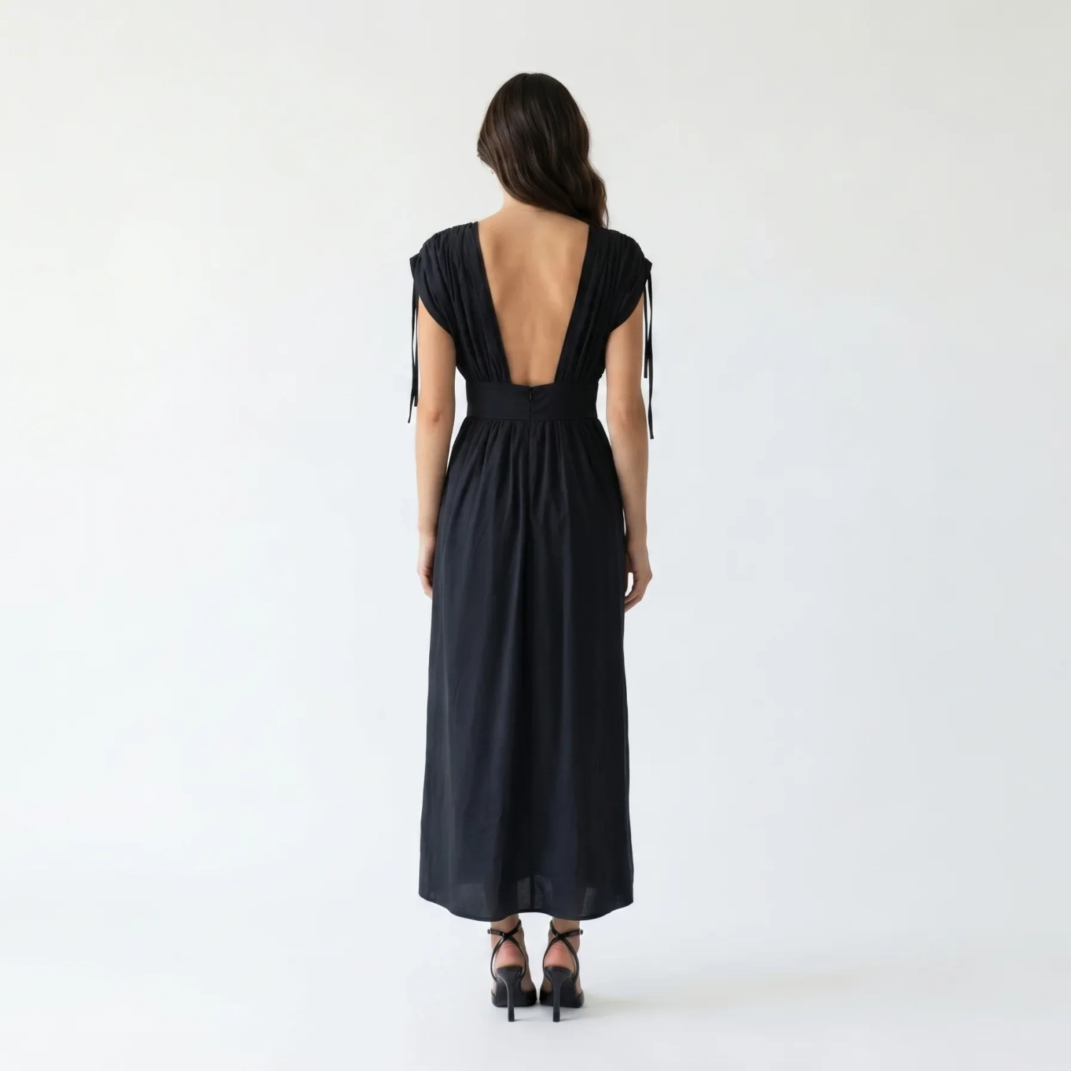 Women's Premium Evening Gown &mdash; Cutout Tie Waist Maxi Dress &mdash; Coastal Galas, Luxury Resort Wear &amp; Sunset Soir&eacute;es - Black