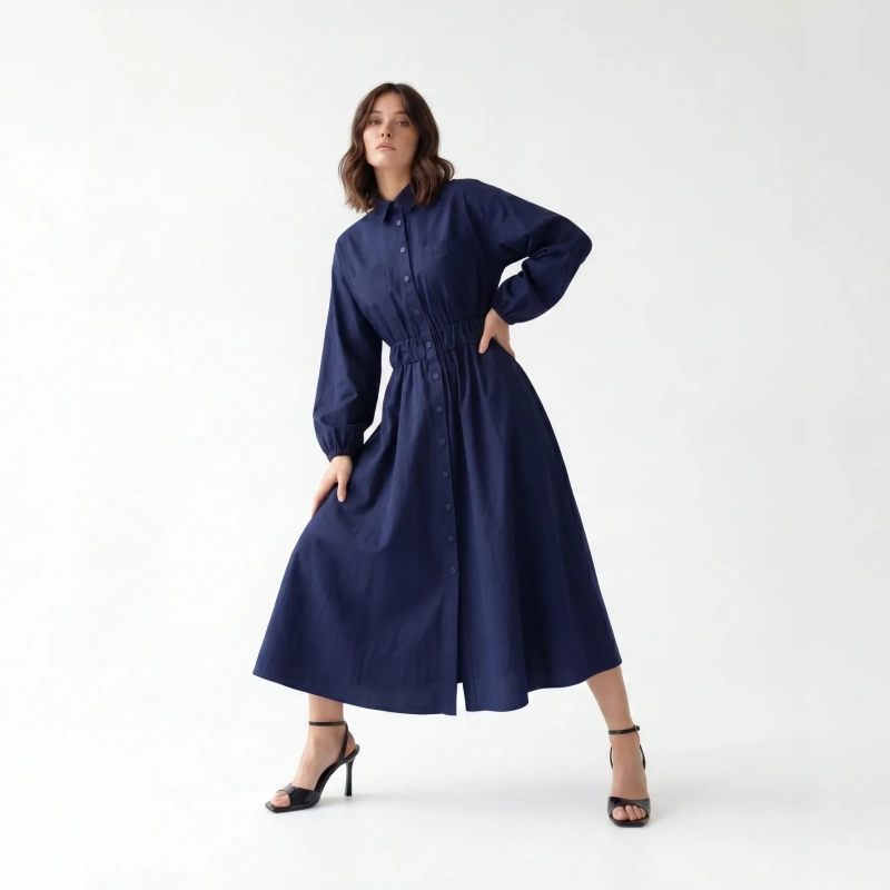 Women's Premium Shirt Long - Sleeve Button - Up Maxi Dress &mdash; Daytime Socials, Luxury Resort Lounging &amp; Summer Escapes  - Navy Blue