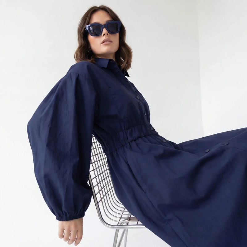 Women's Premium Shirt Long - Sleeve Button - Up Maxi Dress &mdash; Daytime Socials, Luxury Resort Lounging &amp; Summer Escapes  - Navy Blue
