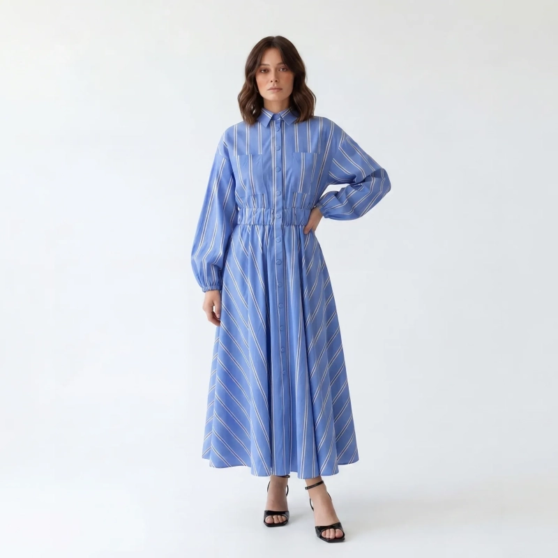 Women's Premium Shirt Long - Sleeve Button - Up Maxi Dress &mdash; Daytime Socials, Luxury Resort Lounging &amp; Summer Escapes  - Bolzano Striped Blue