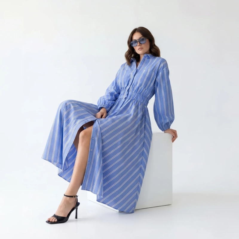 Women's Premium Shirt Long - Sleeve Button - Up Maxi Dress &mdash; Daytime Socials, Luxury Resort Lounging &amp; Summer Escapes  - Bolzano Striped Blue