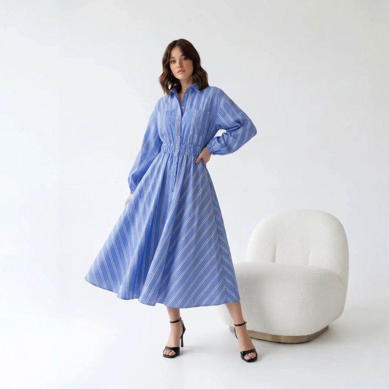 Women's Premium Shirt Long - Sleeve Button - Up Maxi Dress &mdash; Daytime Socials, Luxury Resort Lounging &amp; Summer Escapes  - Bolzano Striped Blue