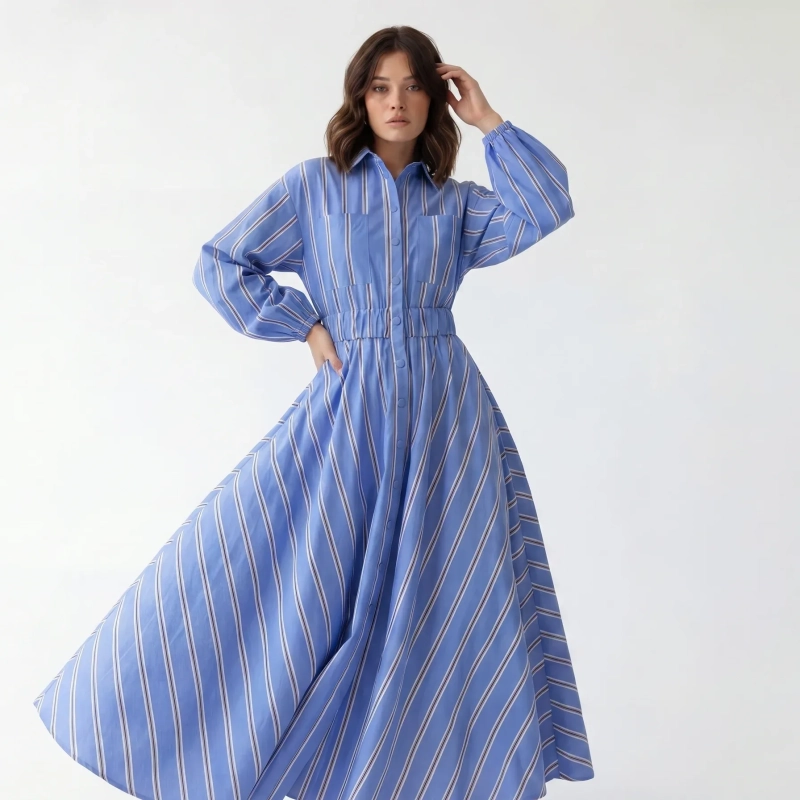 Women's Premium Shirt Long - Sleeve Button - Up Maxi Dress &mdash; Daytime Socials, Luxury Resort Lounging &amp; Summer Escapes  - Bolzano Striped Blue