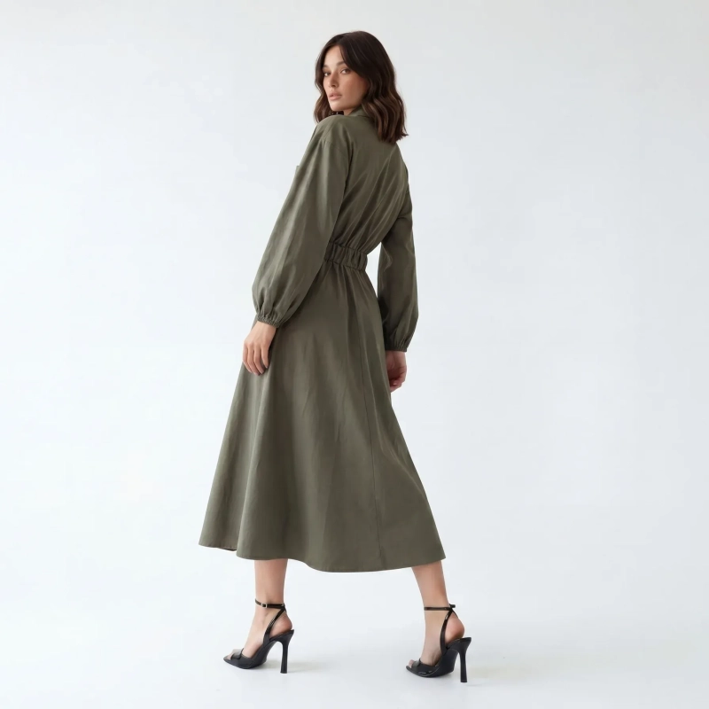 Women's Premium Shirt Long - Sleeve Button - Up Maxi Dress &mdash; Daytime Socials, Luxury Resort Lounging &amp; Summer Escapes  - Olive Green