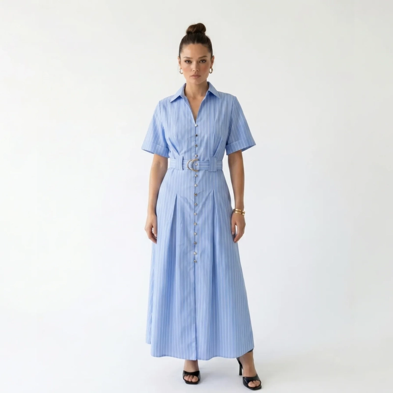 Women's Premium Shirt Short - Sleeve Striped Maxi Dress With Fabric Belt&mdash; Daytime Socials, Luxury Resort Lounging &amp; Summer Escapes  - Novara Striped Blue