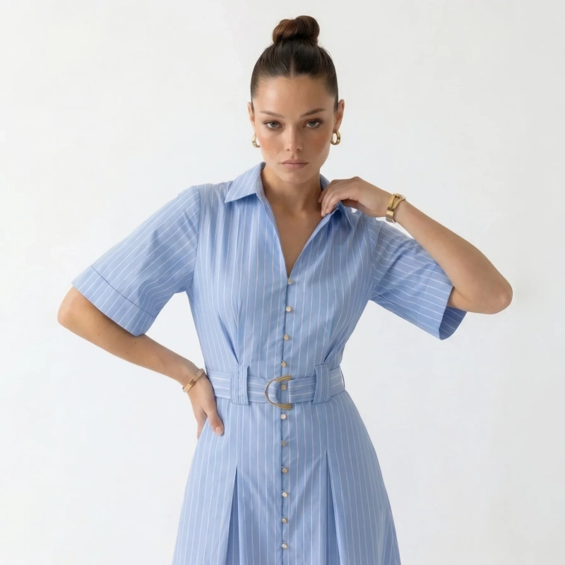 Women's Premium Shirt Short - Sleeve Striped Maxi Dress With Fabric Belt&mdash; Daytime Socials, Luxury Resort Lounging &amp; Summer Escapes  - Novara Striped Blue
