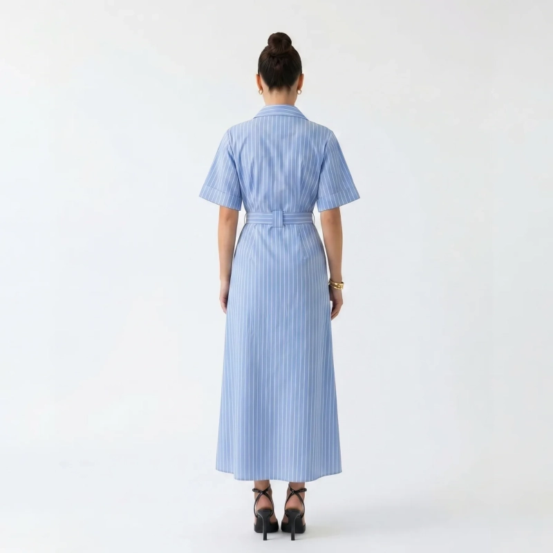 Women's Premium Shirt Short - Sleeve Striped Maxi Dress With Fabric Belt&mdash; Daytime Socials, Luxury Resort Lounging &amp; Summer Escapes  - Novara Striped Blue