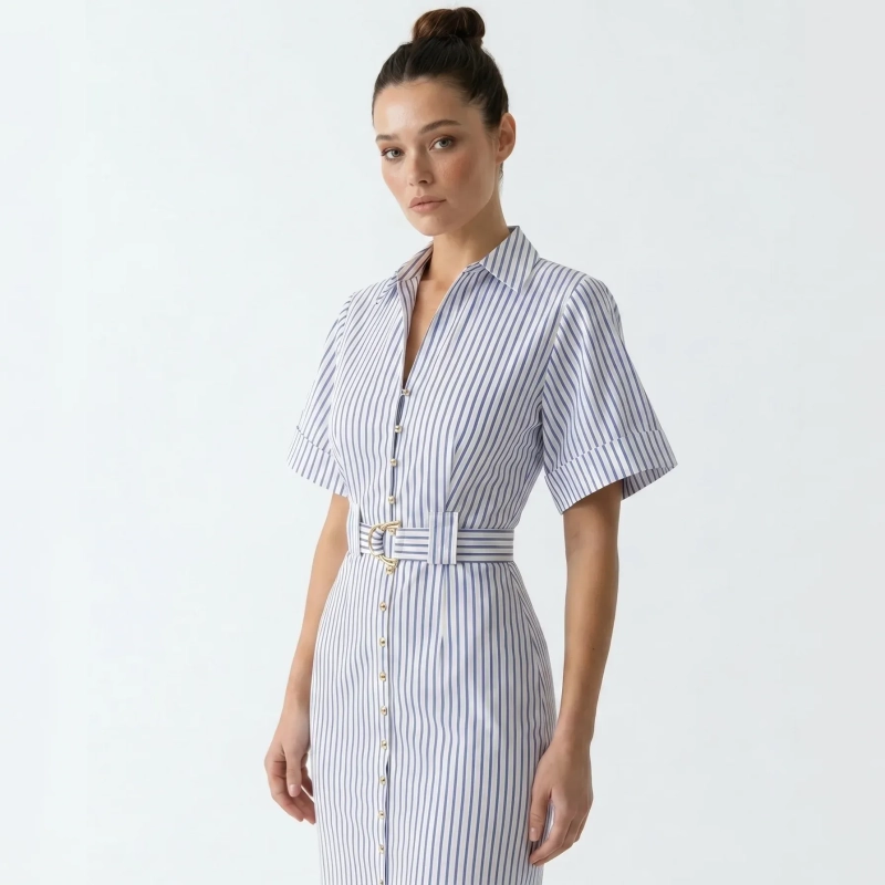 Women's Premium Shirt Short - Sleeve Striped Maxi DressWith Fabric Belt &mdash; Daytime Socials, Luxury Resort Lounging &amp; Summer Escapes  - Washington Striped Blue