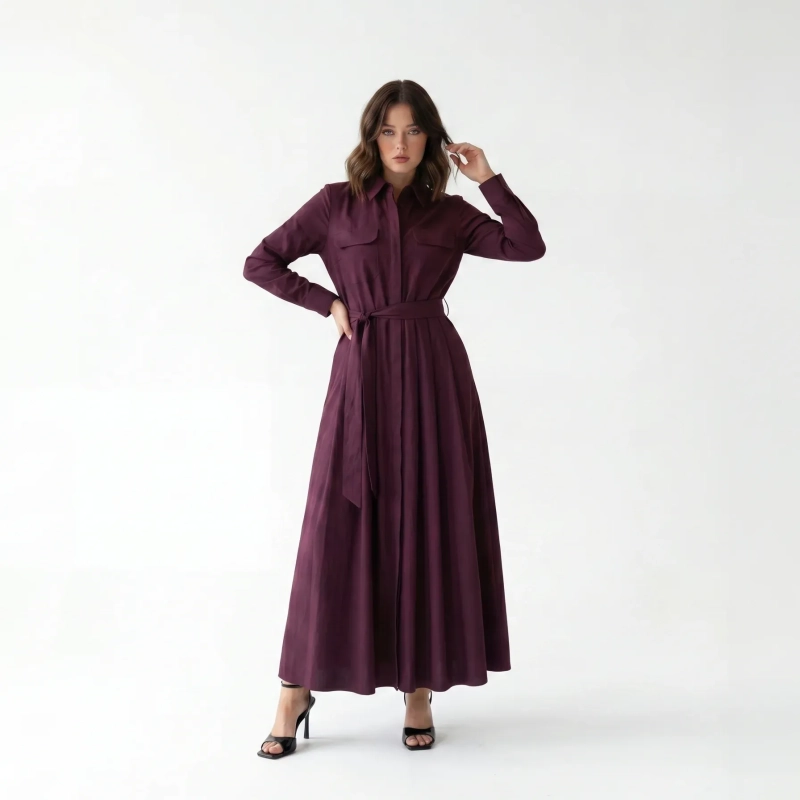 Women's Premium Shirt Long - Sleeve Button - Up Maxi Dress With Fabric Belt &mdash; Daytime Socials, Luxury Resort Wear &amp; Modern Evening Elegance  - Burgundy