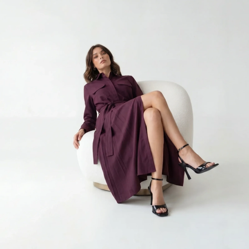 Women's Premium Shirt Long - Sleeve Button - Up Maxi Dress With Fabric Belt &mdash; Daytime Socials, Luxury Resort Wear &amp; Modern Evening Elegance  - Burgundy