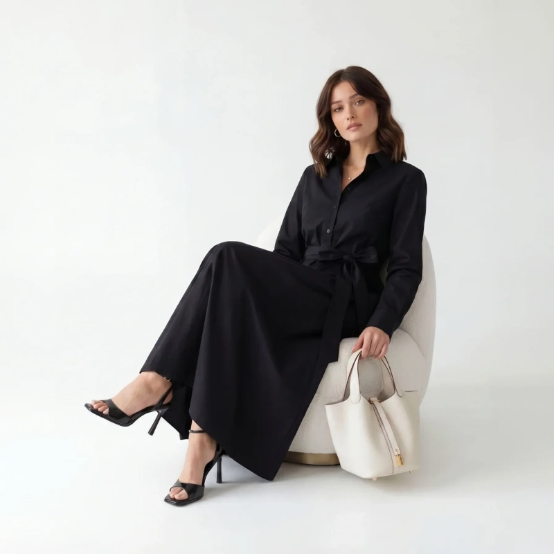 Women's Premium Shirt Long - Sleeve Maxi Dress With Fabric Belt &mdash; Daytime Socials, Luxury Resort Lounging &amp; Summer Escapes - Black