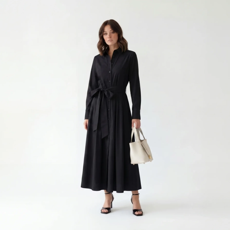 Women's Premium Shirt Long - Sleeve Maxi Dress With Fabric Belt &mdash; Daytime Socials, Luxury Resort Lounging &amp; Summer Escapes - Black