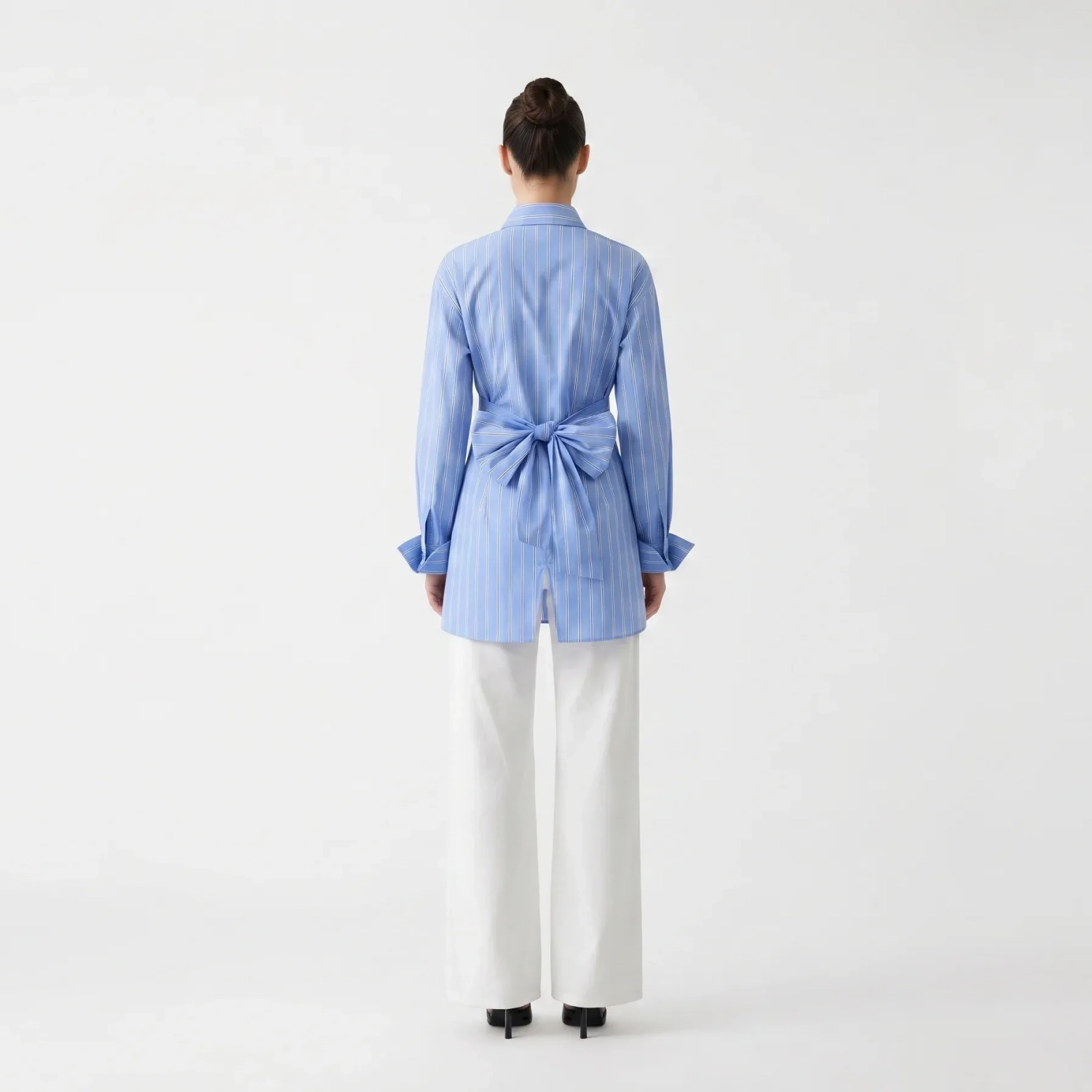 Women's Premium Casual Long - Sleeve Button - Up Shirt With Fabric Belt&mdash; Luxury Lounging, Daytime Socials &amp; Summer Escapes  - San Jose  - Striped Blue