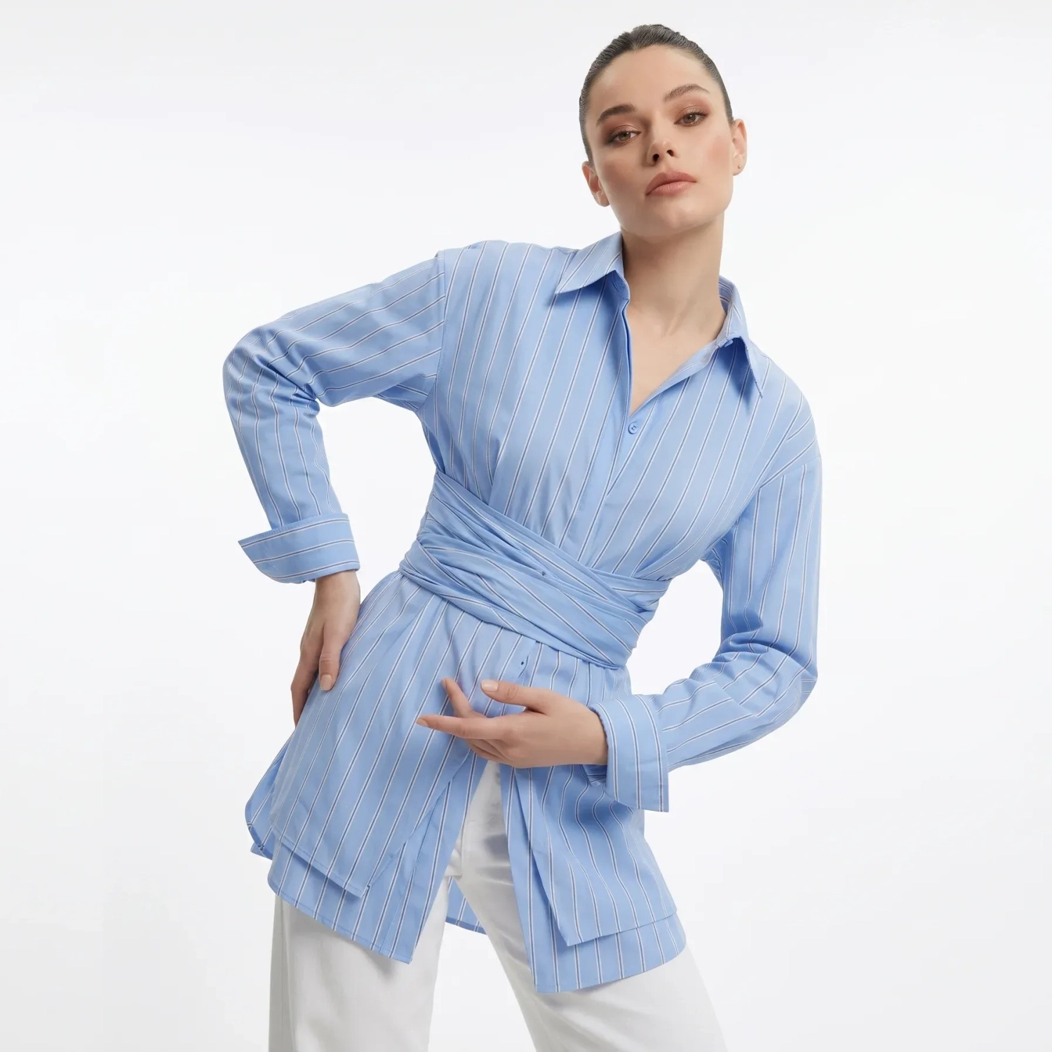 Women's Premium Casual Long - Sleeve Button - Up Shirt With Fabric Belt&mdash; Luxury Lounging, Daytime Socials &amp; Summer Escapes  - San Jose  - Striped Blue