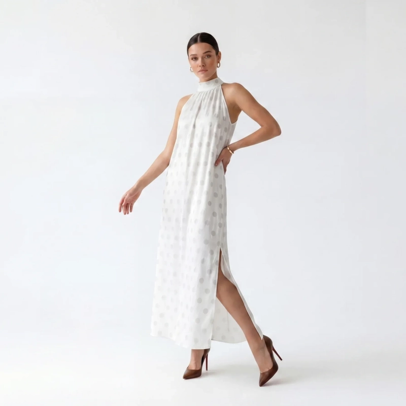 Women's Premium Evening Patterned Halter - Neck Sleeveless Maxi Dress &mdash; Coastal Galas, Luxury Resort Wear &amp; Sunset Soir&eacute;es - Philadelphia White