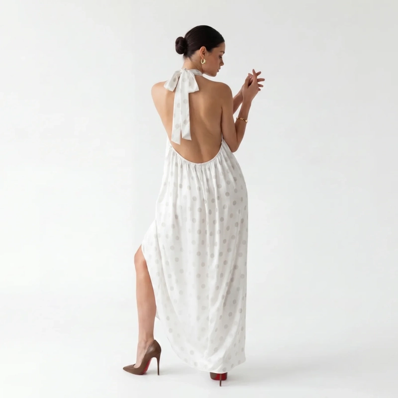 Women's Premium Evening Patterned Halter - Neck Sleeveless Maxi Dress &mdash; Coastal Galas, Luxury Resort Wear &amp; Sunset Soir&eacute;es - Philadelphia White