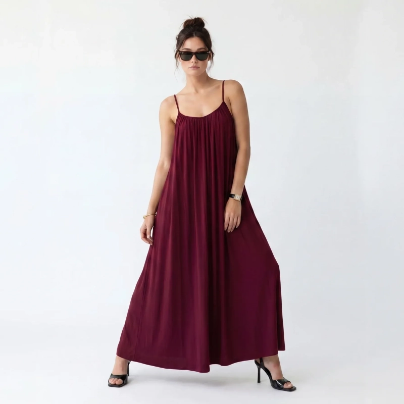 Women's Premium Sleeveless Gathered Cami Maxi Dress Evening Gown &mdash; Coastal Galas, Luxury Resort Wear &amp; Sunset Soir&eacute;es  - Burgundy