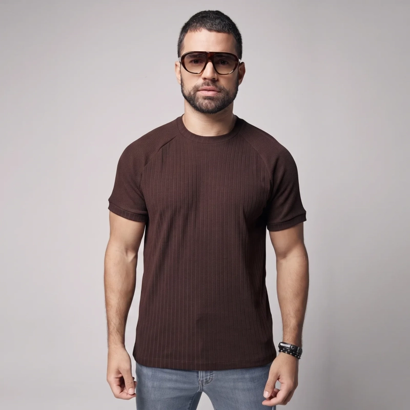 Men&rsquo;s Short Sleeve Ribbed Mix T-Shirt - Textured Lightweight Casual Crew Neck Tee with Modern Fit - Dark Brown